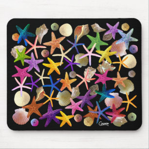 Seashells & Starfish on Black - Mouse Pad Musmatta