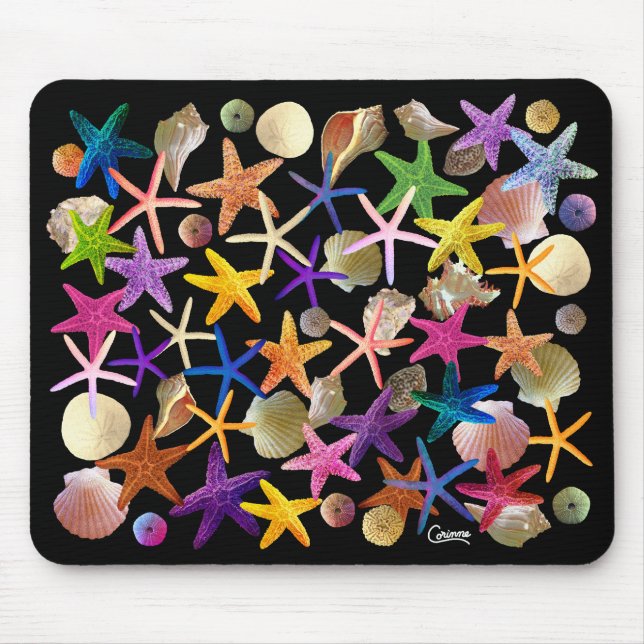 Seashells & Starfish on Black - Mouse Pad Musmatta (Framsidan)
