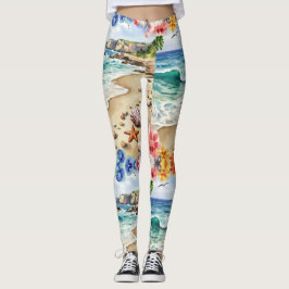Seashells Starfish över Sand Mönster Leggings