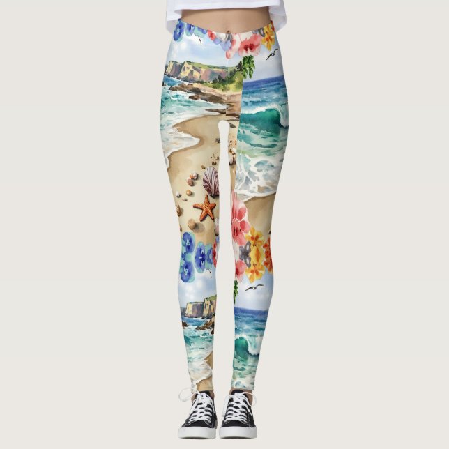 Seashells Starfish över Sand Mönster Leggings (Framsida)