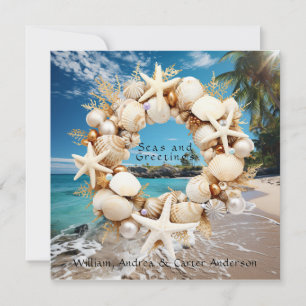Seashells Starfish Pearls Handflatan Träd jul Julkort