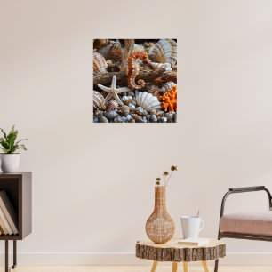 Seashells Starfish Pearls Orange Seahorse Sand Poster