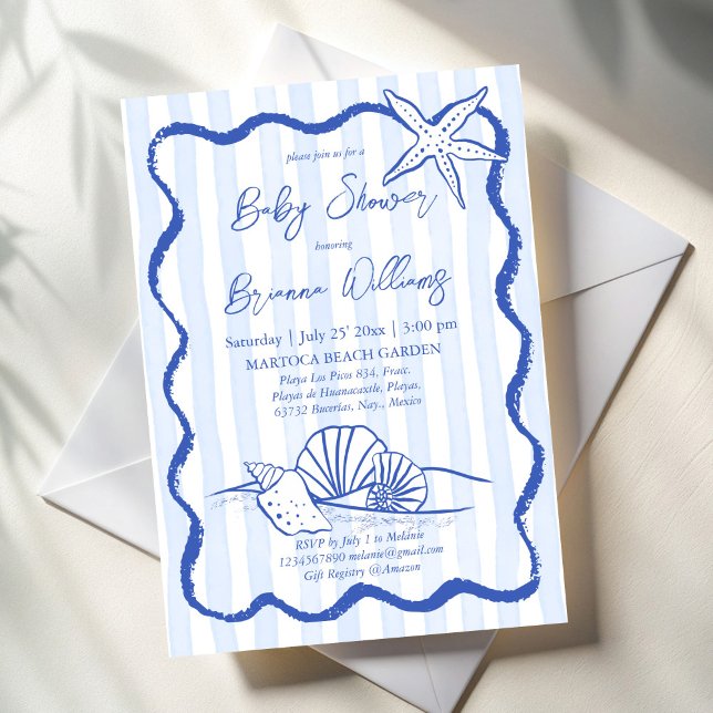 Seashells vågigt gräns blå babydusch i rand inbjudningar (Seashells wavy border blue stripes beach nautical baby shower invitation template)