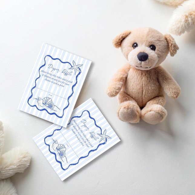 Seashells vågigt rand babyduschdiskare tilläggskort (Seashells wavy handrawn border blue stripes beach nautical baby shower diaper raffle enclosure cards)
