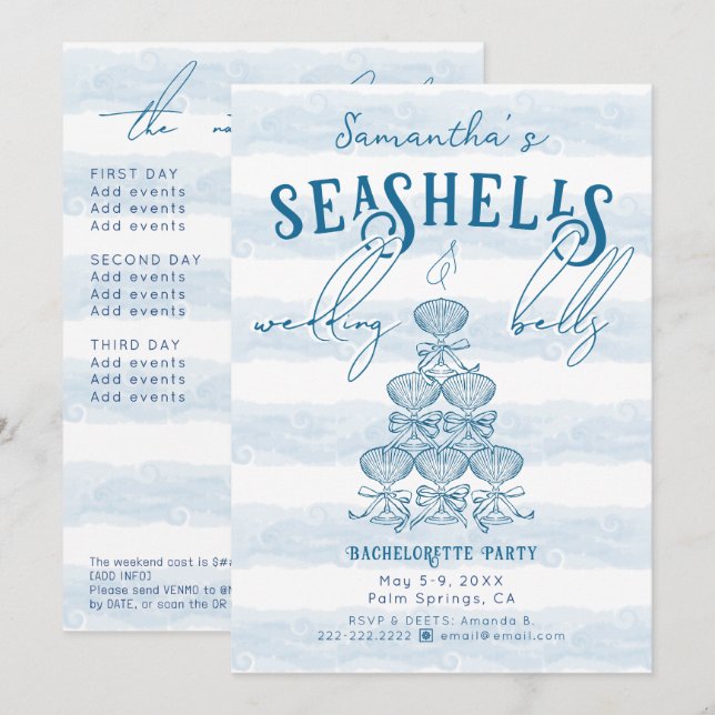 Seashells & Wedding Bells Blue Bachelorette Party Inbjudningar (Fram/baksida)