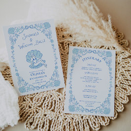 Seashells Wedding Bells Whimsical Bachelorette Blu Inbjudningar