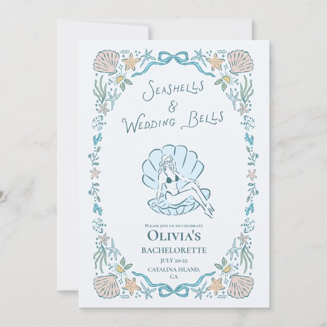 Seashells Wedding Bells Whimsical Bachelorette Inbjudningar (Framsida)