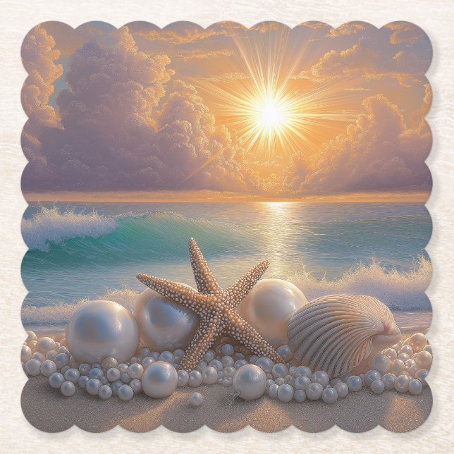 Seashore Ocean Sunset Seashells Pearls Underlägg Papper (Framsida)
