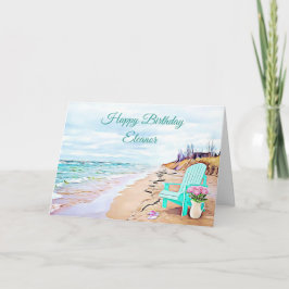 Seaside Beach Scene Teal Ordförande Blommor födels Kort