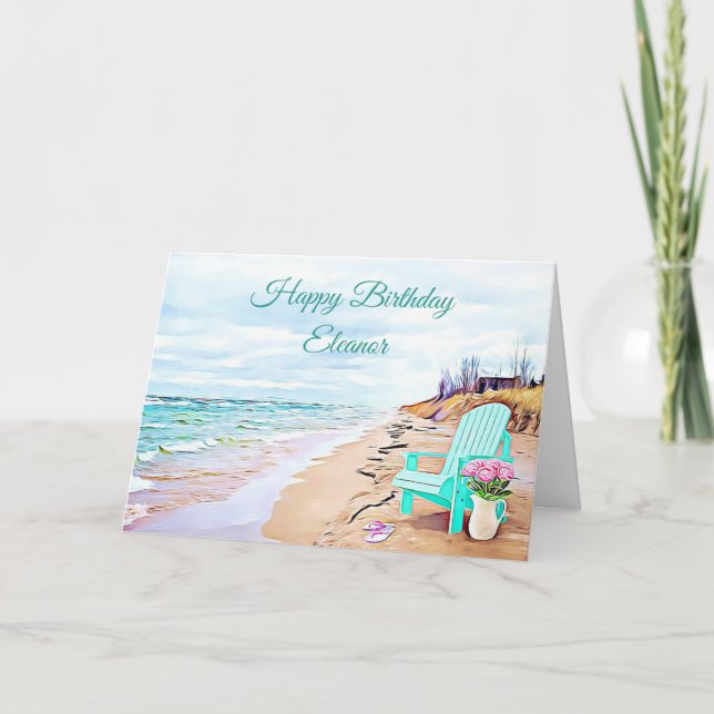 Seaside Beach Scene Teal Ordförande Blommor födels Kort (Framsida)