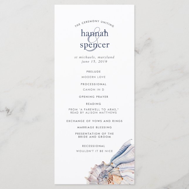 Seaside | Bröllopsprogrammet Nautical Seashell Program (Framsida)
