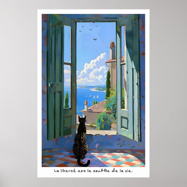 Seaside Cat Art Print French Typography Poster (Framsidan)