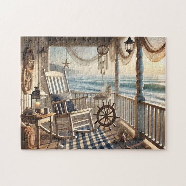 Seaside Cottage Porch Nautical Ocean View Pussel (Horisontell)