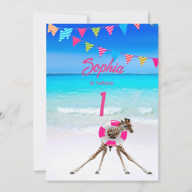 Seaside Cute Giraffe Flagga Bunting Inbjudningar (Baksida)