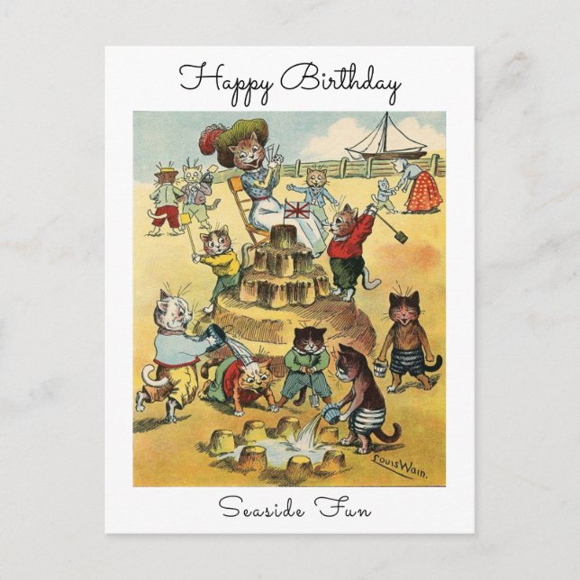 Seaside Fun Victorian Cat Mischief Happy Birthday Vykort (Framsida)