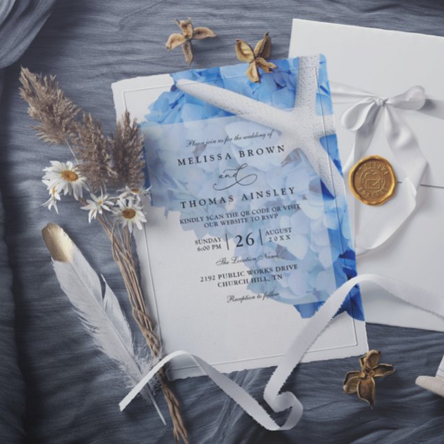 Seaside Garden Starfish Hydrangea QR Code Wedding Inbjudningar (Skapare uppladdad)