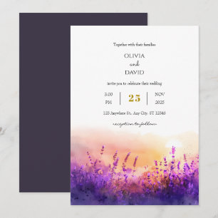 Seaside Lavender Sunrise Watercolor Beach Wedding Inbjudningar