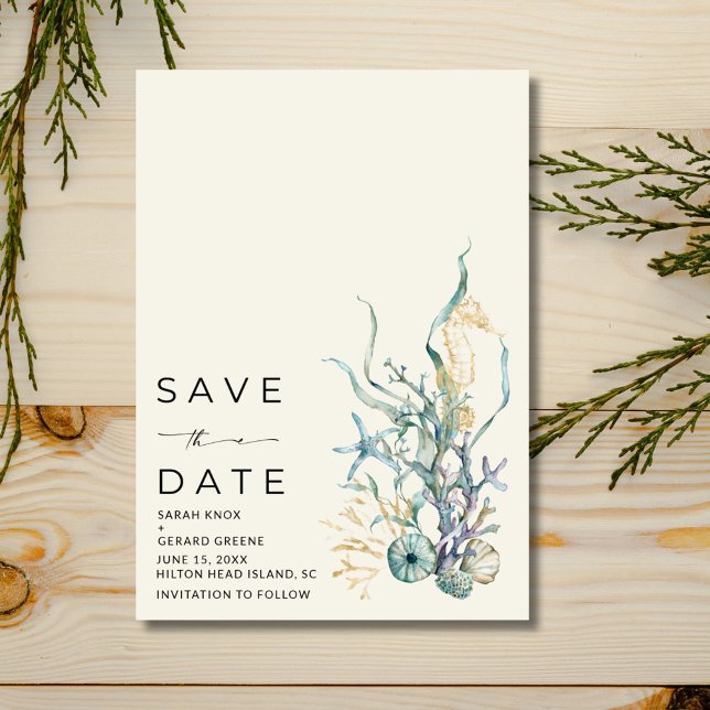 Seaside Seashell Kusten Bröllop Spara Datumet (Seaside Seashell Coastal Wedding Save The Date)