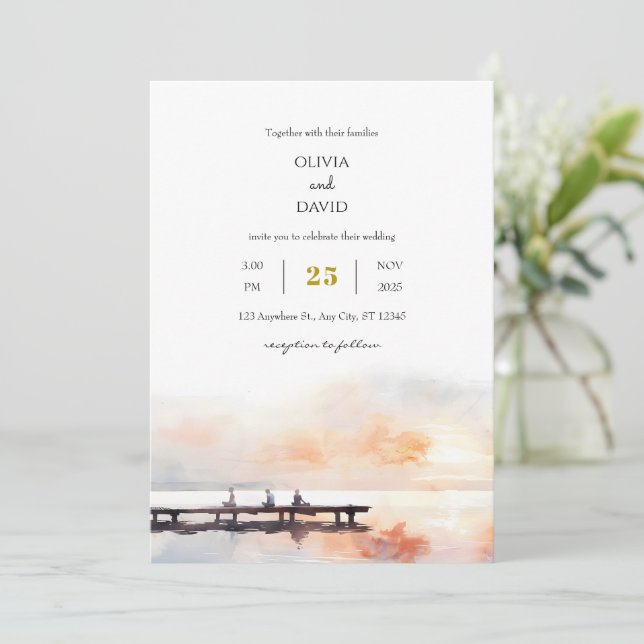 Seaside Soft Sunrise Pier Beach Wedding Inbjudningar (Stående Fram)