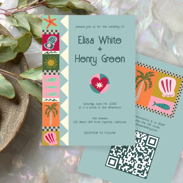 Seaside Soiree Modern Cute ANPASSNINGSBAR QR Bröll Inbjudningar (Seaside Soiree Modern Cute CUSTOM QR Wedding Invitation
)