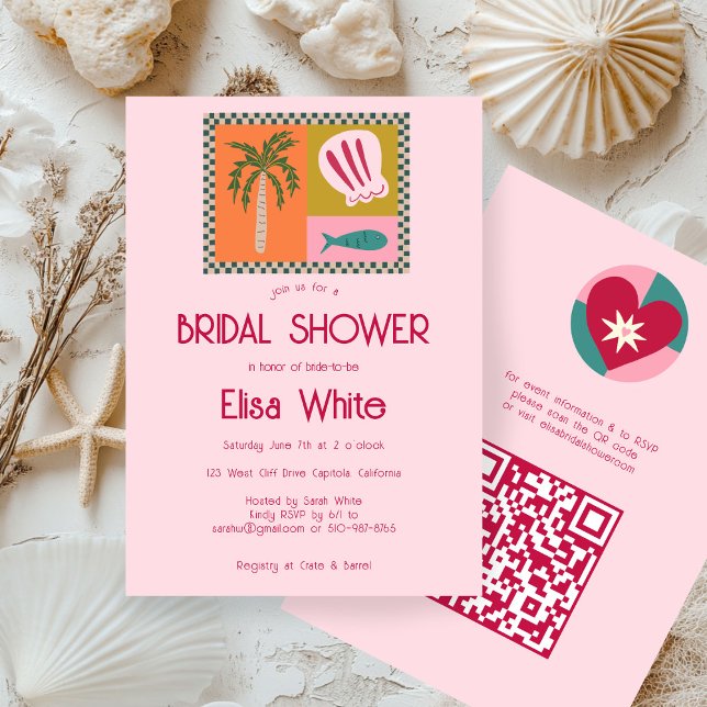 Seaside Soiree Möhippa Modern Cute ANPASSNINGSBAR  Inbjudningar (Seaside Soiree Bridal Shower Modern Cute CUSTOM QR Code Invitation
)
