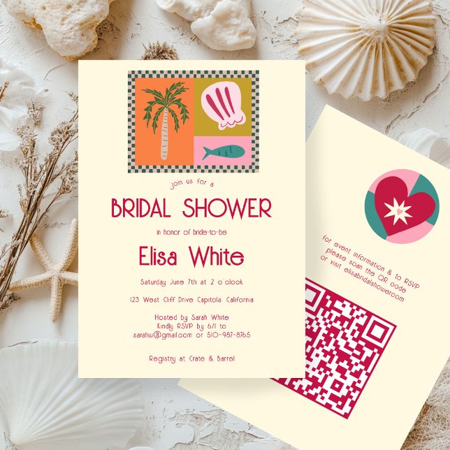 Seaside Soiree Möhippa Modern Cute ANPASSNINGSBAR  Inbjudningar (Seaside Soiree Bridal Shower Modern Cute CUSTOM QR code Invitation
)