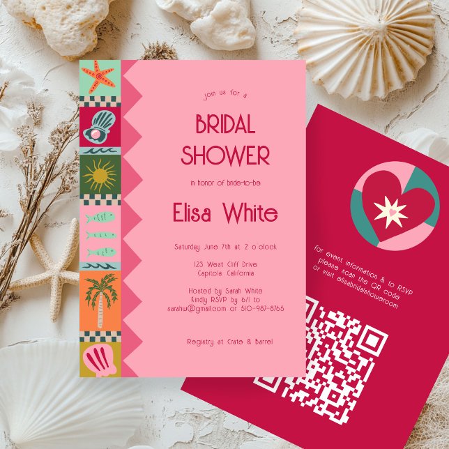 Seaside Soiree Möhippa Modern Cute ANPASSNINGSBAR  Inbjudningar (Seaside Soiree Bridal Shower Modern Cute CUSTOM QR Invitation
)