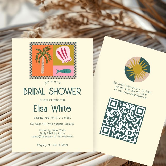 Seaside Soiree Möhippa Modern Cute ANPASSNINGSBAR  Inbjudningar (Seaside Soiree Bridal Shower Modern Cute CUSTOM QR Invitation
)