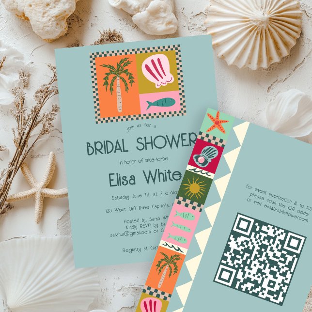 Seaside Soiree Möhippa Modern Cute ANPASSNINGSBAR  Inbjudningar (Seaside Soiree Bridal Shower Modern Cute CUSTOM QR Party Invitation
)