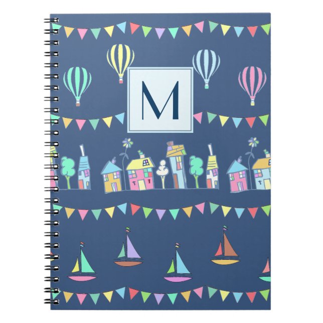 Seaside Town Sail Boats and Bunting Monogram Anteckningsbok (Framsidan)
