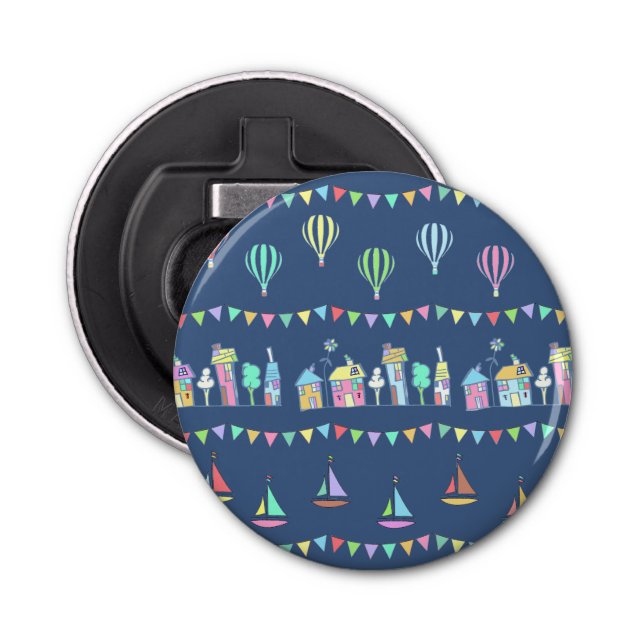 Seaside Town Sail Boats and Bunting Pattern Blue Flasköppnare (Framsidan)