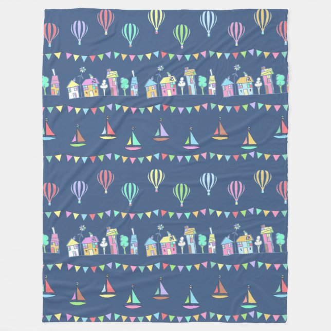 Seaside Town Sail Boats and Bunting Pattern Blue Fleecefilt (Framsidan)