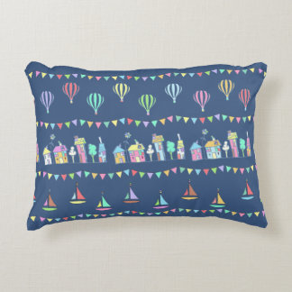 Seaside Town Sail Boats and Bunting Pattern Blue Prydnadskudde