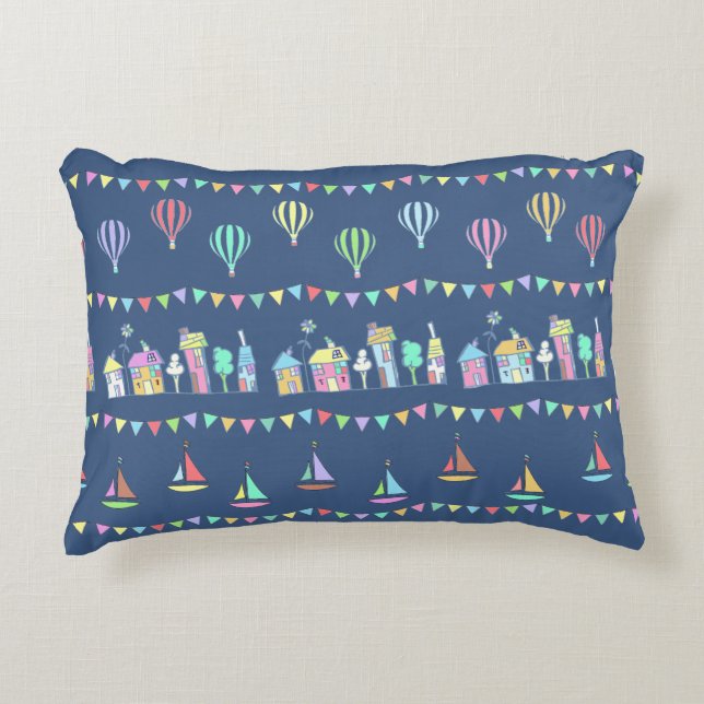 Seaside Town Sail Boats and Bunting Pattern Blue Prydnadskudde (Framsidan)