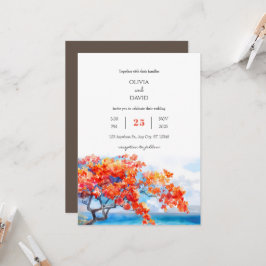 Seaside Tropical Flame Träd Blommar Beach Wedding Inbjudningar