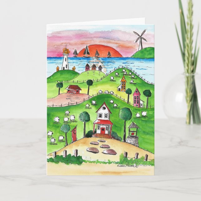 Seaside, Village, Coastal, Folk Art Print Kort (Framsida)