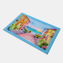 Seaside Village Sunset Watercolor