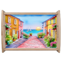 Seaside Village Sunset Watercolor