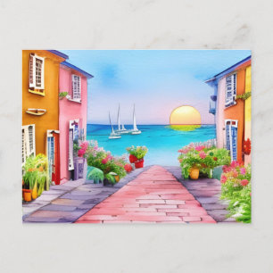 Seaside Village Sunset Watercolor Vykort