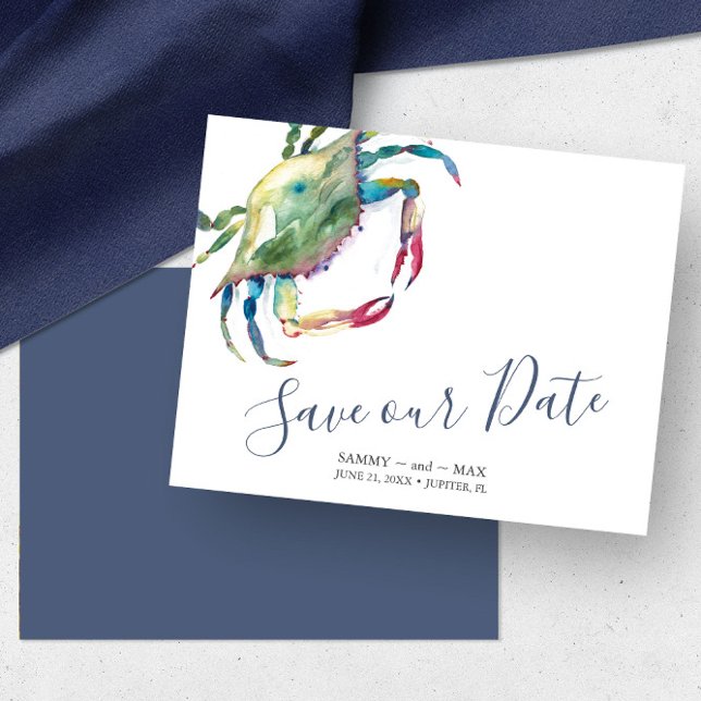 Seaside Watercolor Crab Spara datum Spara Datumet (Beach wedding save the date card features watercolor blue crab art by Victoria Grigaliunas)