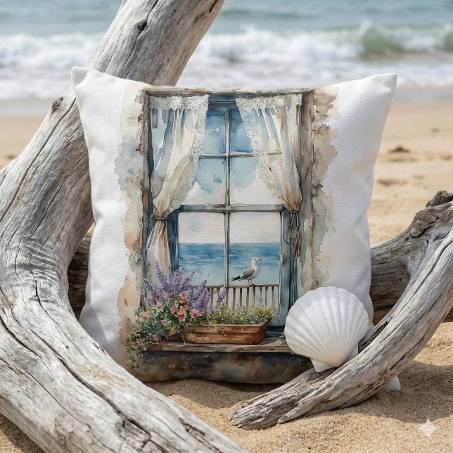 Seaside Window View Watercolor Coastal Scene Kudde (Seaside Window View Watercolor Coastal Scene Throw Pillow Mockup C)