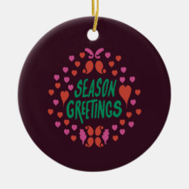 Season hälsning i grönt handstil med hjärtan julgransprydnad keramik