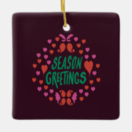 Season hälsning i grönt handstil med hjärtan julgransprydnad keramik