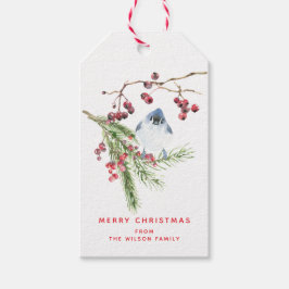 Season Hälsning - jul Greenery w Bird Presentetikett
