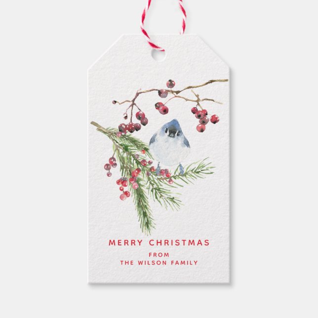 Season Hälsning - jul Greenery w Bird Presentetikett (Framsidan)