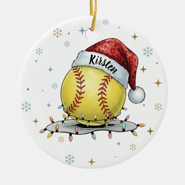 Seasonal Sparkle: Softball with Santa Hat  Julgransprydnad Keramik (Framsidan)