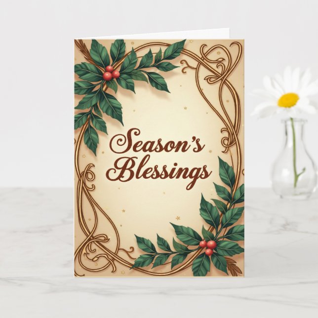 Seasons Blessings Elegant Green and Gold Christmas Kort (Liten växt)