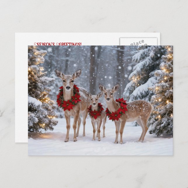 Seasons Greeting Holiday Deer Wreaths Helg Vykort (Fram/baksida)