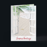 Season's Greetings Beach Window Kort<br><div class="desc">Öppna fönster och ren gardiner med stjärnfisk i strand,  handflatan och hav vatten. Text kan redigeras.</div>