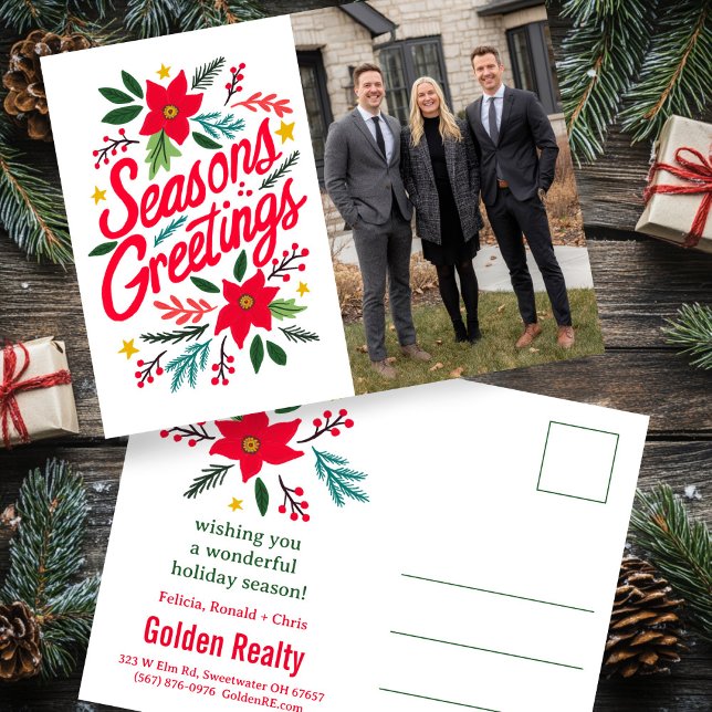 SEASONS GREETINGS Business Christmas CUSTOM PHOTO Vykort (SEASONS GREETINGS Business Christmas Hand-drawn Floral CUSTOM PHOTO Postcard
)